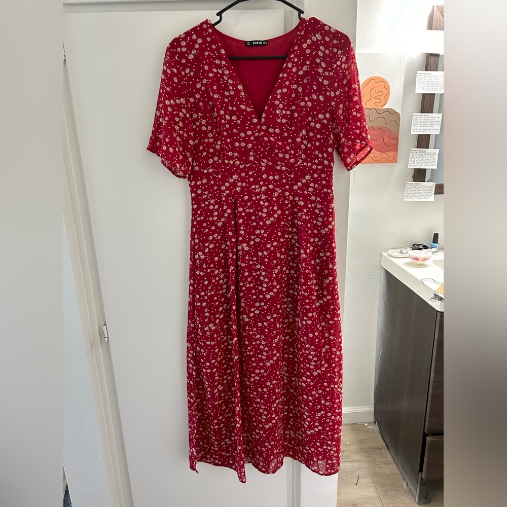 Red floral midi dress. Fits like a S/M